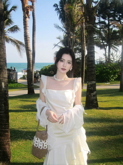 Simple Mermaid Spaghetti Straps White Inspiration Long Wedding Party Guest Dresses N2070