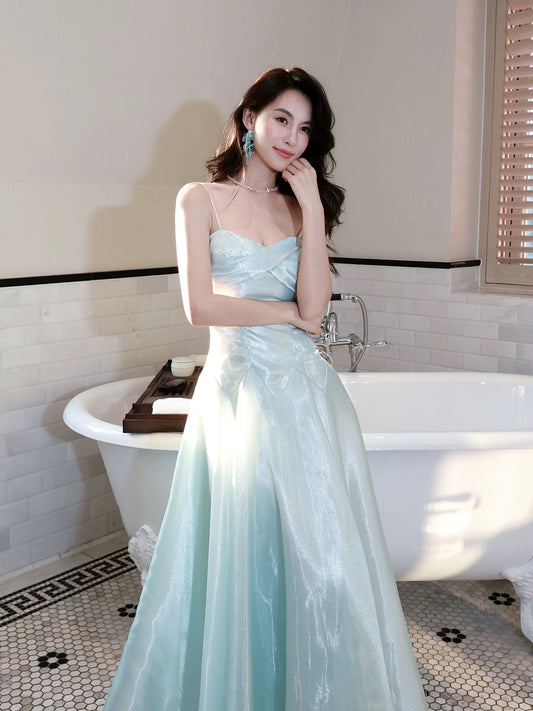 Simple A Line Spaghetti Straps Light Green Satin Inspiration Long Wedding Party Guest Dresses N2071