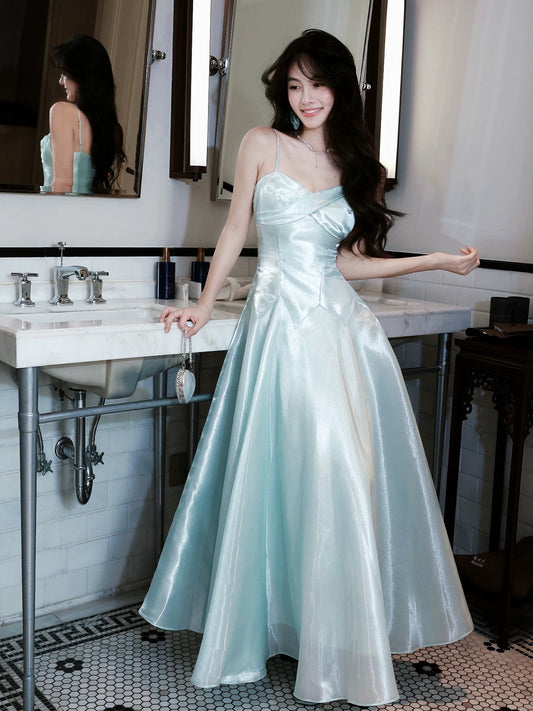 Simple A Line Spaghetti Straps Light Green Satin Inspiration Long Wedding Party Guest Dresses N2071