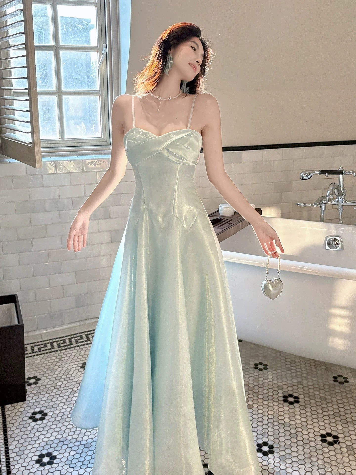 Simple A Line Spaghetti Straps Light Green Satin Inspiration Long Wedding Party Guest Dresses N2071