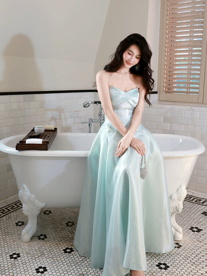 Simple A Line Spaghetti Straps Light Green Satin Inspiration Long Wedding Party Guest Dresses N2071