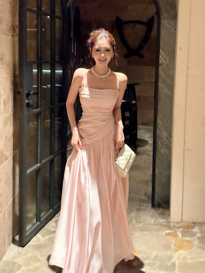 Schlichtes französisches Meerjungfrauen-Spaghetti-Träger-Kleid in Pink für Damen, lange festliche Outfits, Abschlussballkleider N2074