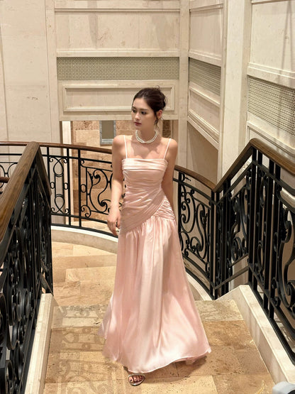 Schlichtes französisches Meerjungfrauen-Spaghetti-Träger-Kleid in Pink für Damen, lange festliche Outfits, Abschlussballkleider N2074