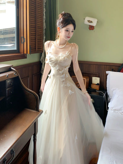 Bescheidener französischer Stil, A-Linie, Spaghettiträger, Tüll, modische lange formelle Outfits für Damen, Ballkleider N2075