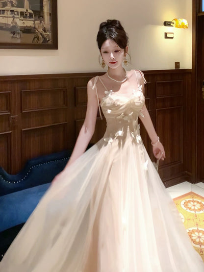 Bescheidener französischer Stil, A-Linie, Spaghettiträger, Tüll, modische lange formelle Outfits für Damen, Ballkleider N2075