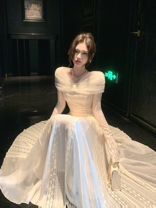 Simple A line Off The Shoulder White Lace Inspiration Long Sleeves Wedding Party Guest Dresses N2076