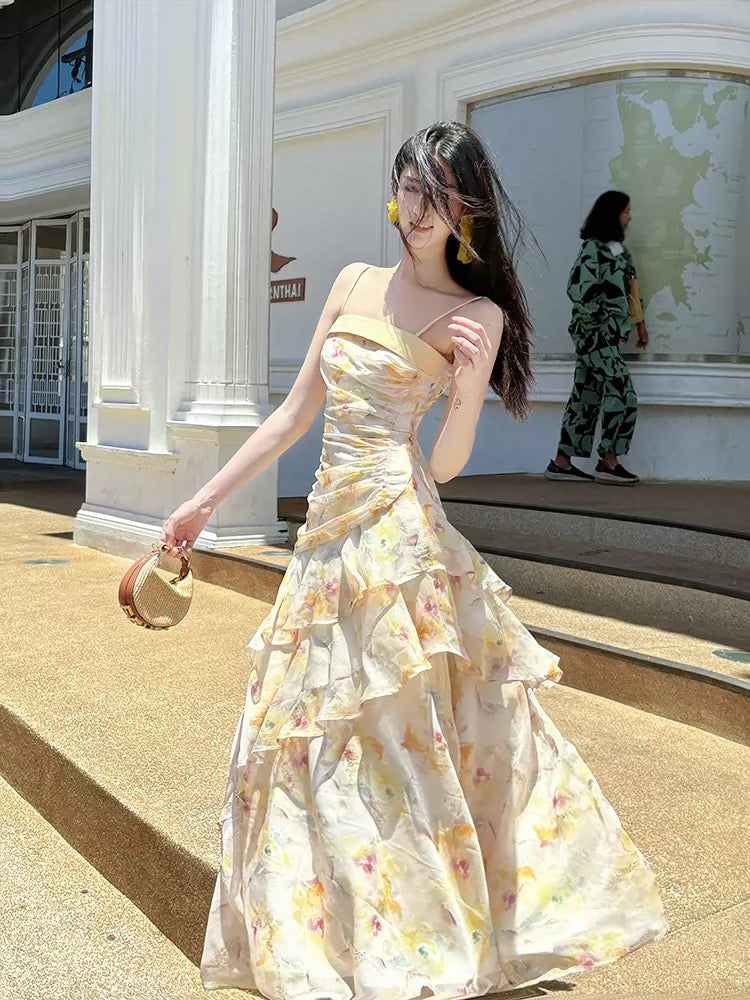 Bescheidener Meerjungfrauen-Abendkleid im französischen Stil mit Spaghettiträgern, gelb geblümt, Chiffon, elegant, für Damen, lange formelle Outfits, Ballkleider N2078