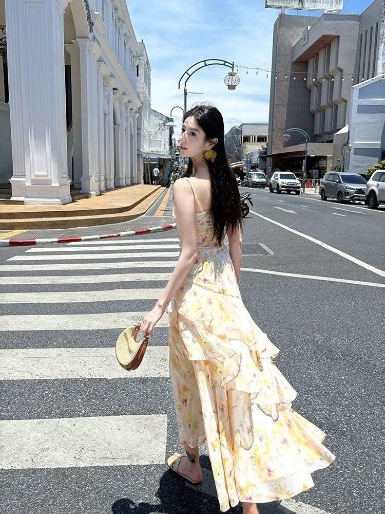 Bescheidener Meerjungfrauen-Abendkleid im französischen Stil mit Spaghettiträgern, gelb geblümt, Chiffon, elegant, für Damen, lange formelle Outfits, Ballkleider N2078