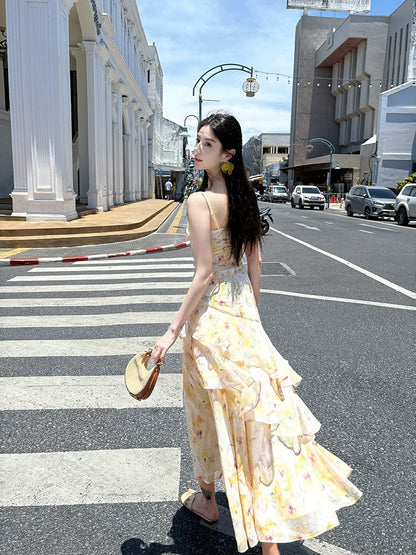 Bescheidener Meerjungfrauen-Abendkleid im französischen Stil mit Spaghettiträgern, gelb geblümt, Chiffon, elegant, für Damen, lange formelle Outfits, Ballkleider N2078