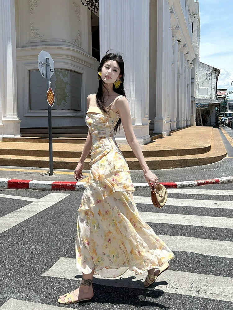 Bescheidener Meerjungfrauen-Abendkleid im französischen Stil mit Spaghettiträgern, gelb geblümt, Chiffon, elegant, für Damen, lange formelle Outfits, Ballkleider N2078