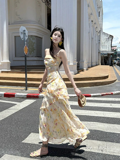 Bescheidener Meerjungfrauen-Abendkleid im französischen Stil mit Spaghettiträgern, gelb geblümt, Chiffon, elegant, für Damen, lange formelle Outfits, Ballkleider N2078