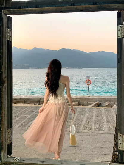 Simple A Line Scoop Pink Chiffon Lace Inspiration Long Wedding Party Guest Dresses N2081