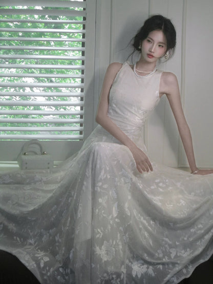 Robes de Soirée/Demoiselle d'Honneur Longues Simples en Dentelle Blanche Col Rond Coupe A N2085