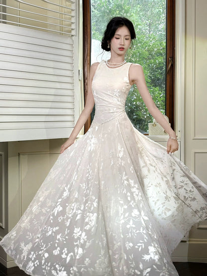 Robes de Soirée/Demoiselle d'Honneur Longues Simples en Dentelle Blanche Col Rond Coupe A N2085