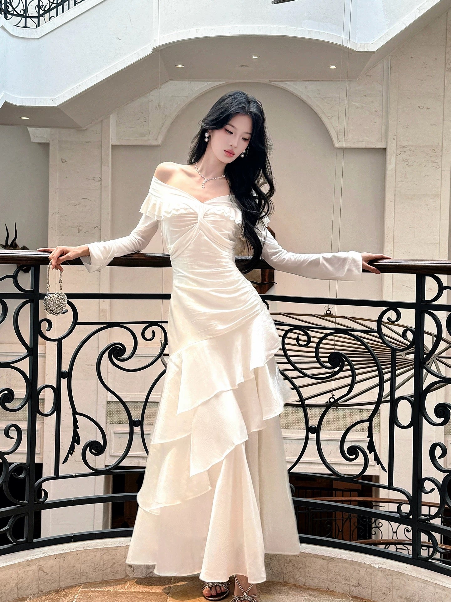 Robes de bal longues pour femmes, style sirène, épaules dénudées, blanc, N2090