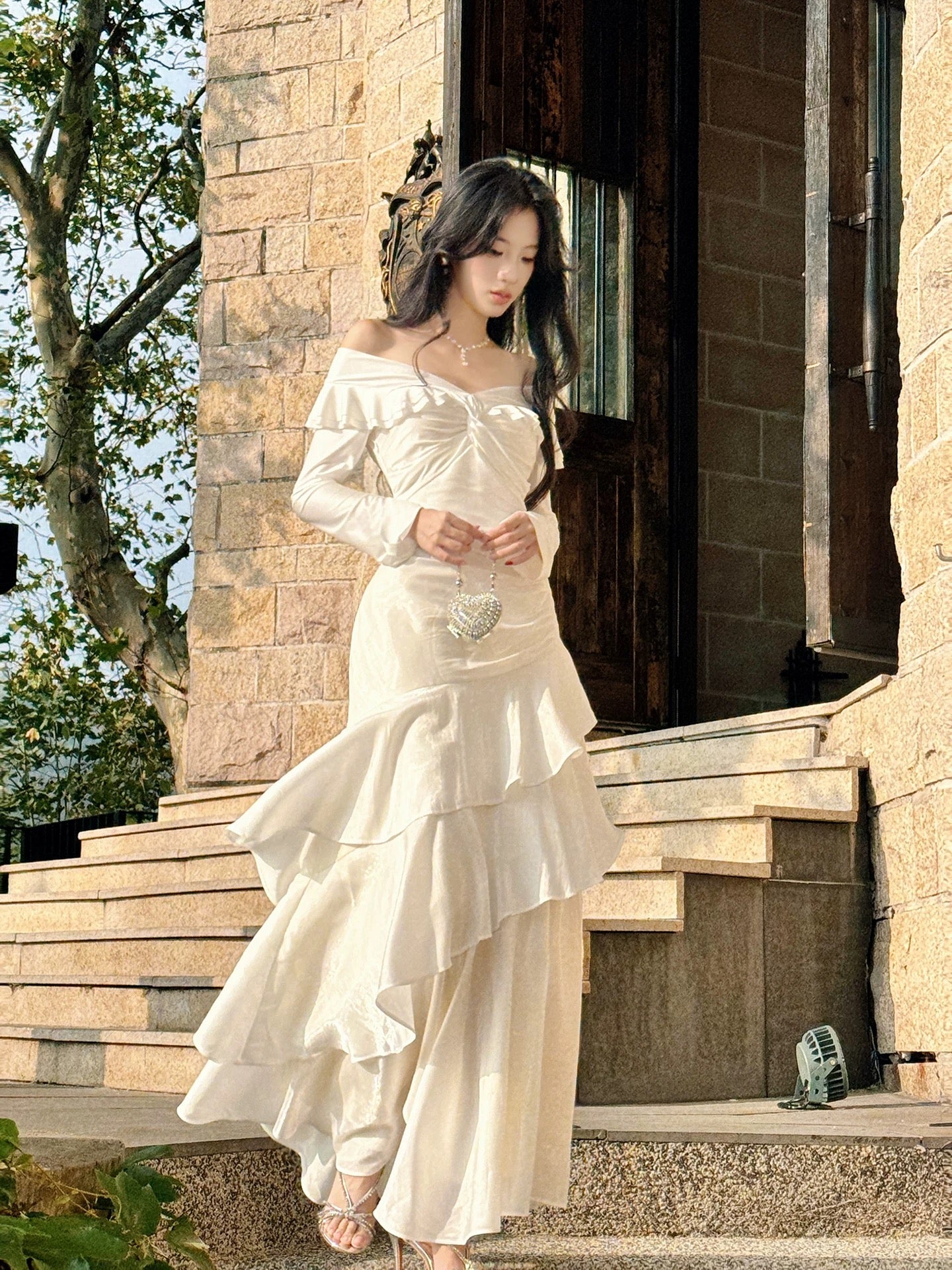 Robes de bal longues pour femmes, style sirène, épaules dénudées, blanc, N2090