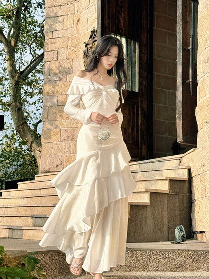 Robes de bal longues pour femmes, style sirène, épaules dénudées, blanc, N2090