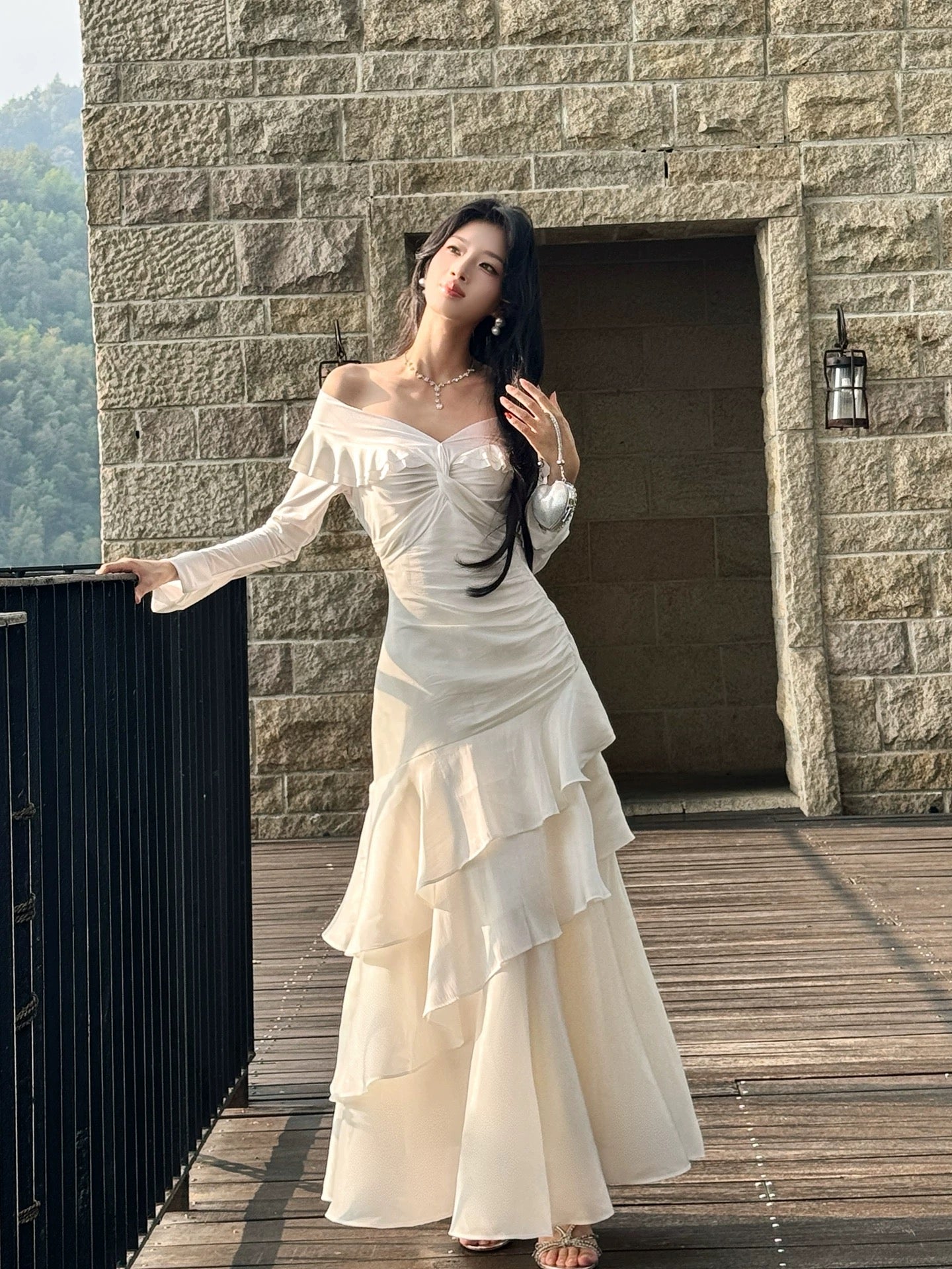 Robes de bal longues pour femmes, style sirène, épaules dénudées, blanc, N2090