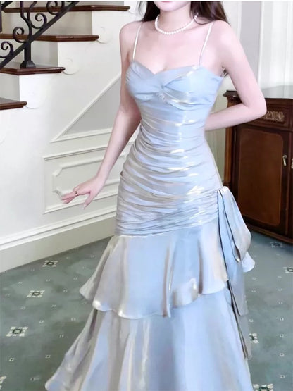 Einfaches Meerjungfrau-Spaghettiträger-Satin-Hochzeits-Party-Ball-Gastkleid N2091