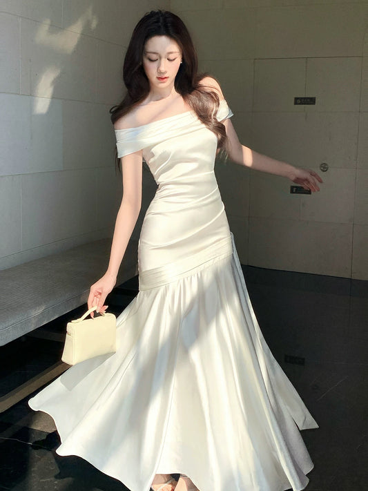 Simple Mermaid Off The Shoulder White Satin Pleated Inspiration Long Wedding Party Guest Dresses N2093