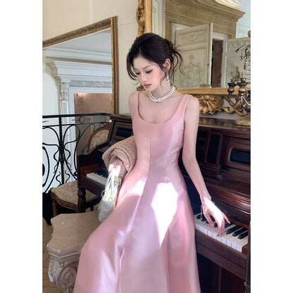 Einfaches A-Linien-Kleid mit quadratischem Ausschnitt aus Satin in Pink, inspiriert von Brautjungfernkleidern, für Hochzeiten und Abschlussbälle N2097