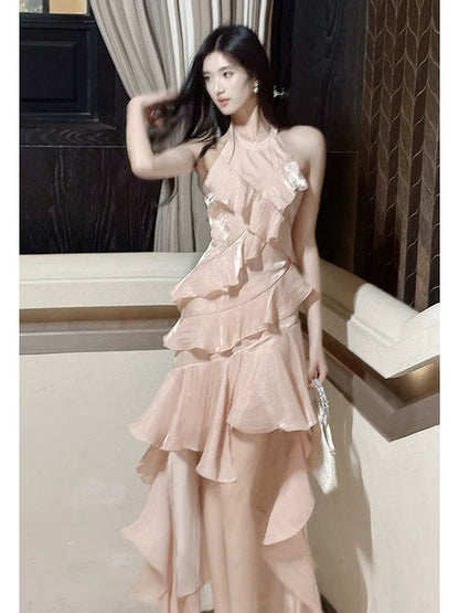 Robes de Bal Longues Formelles pour Femmes, Couches Superposées Roses, Style Français Modeste, Col Rond, Coupe Trapèze N2098