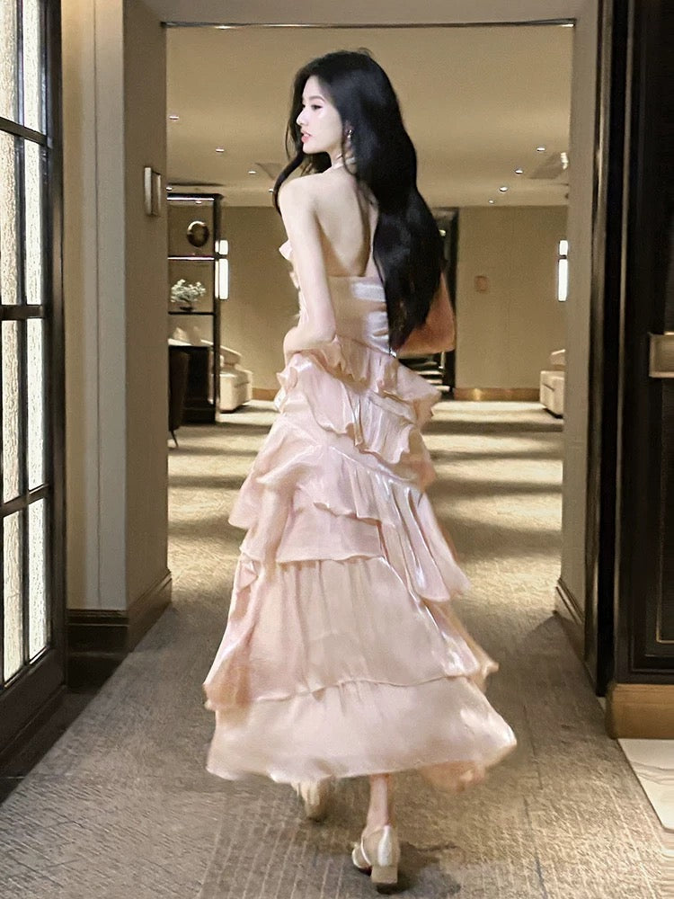 Robes de Bal Longues Formelles pour Femmes, Couches Superposées Roses, Style Français Modeste, Col Rond, Coupe Trapèze N2098
