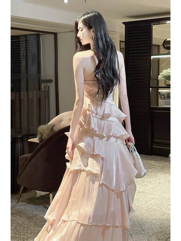 Robes de Bal Longues Formelles pour Femmes, Couches Superposées Roses, Style Français Modeste, Col Rond, Coupe Trapèze N2098
