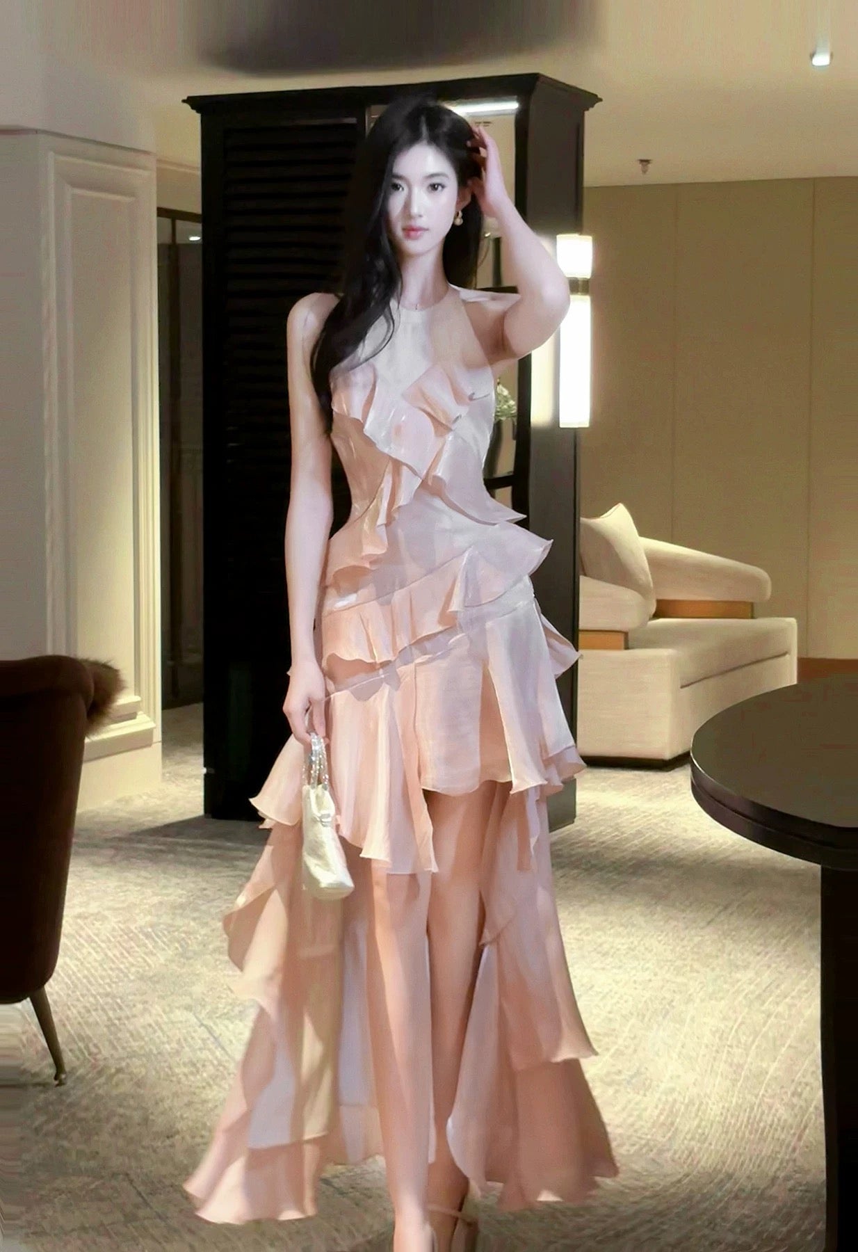 Robes de Bal Longues Formelles pour Femmes, Couches Superposées Roses, Style Français Modeste, Col Rond, Coupe Trapèze N2098