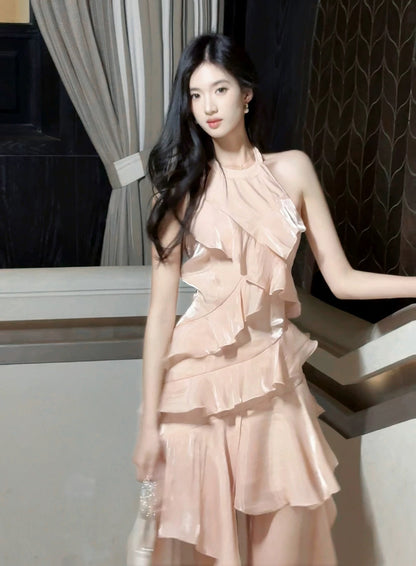 Robes de Bal Longues Formelles pour Femmes, Couches Superposées Roses, Style Français Modeste, Col Rond, Coupe Trapèze N2098
