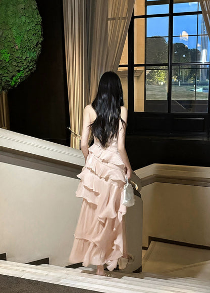 Robes de Bal Longues Formelles pour Femmes, Couches Superposées Roses, Style Français Modeste, Col Rond, Coupe Trapèze N2098