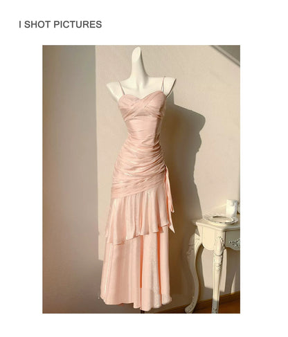 Robes de soirée longues en satin rose blush avec fines bretelles pour invitées de mariage et bal de promo N2102