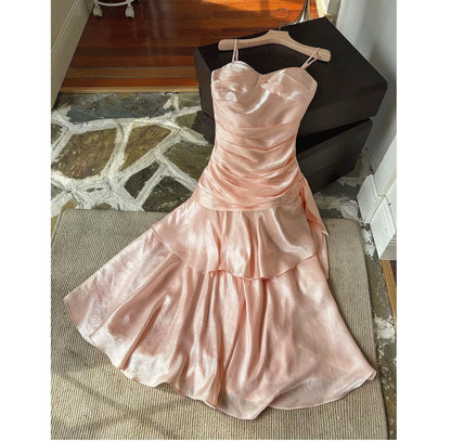 Robes de soirée longues en satin rose blush avec fines bretelles pour invitées de mariage et bal de promo N2102
