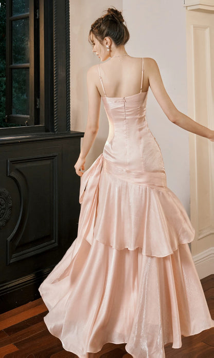 Robes de soirée longues en satin rose blush avec fines bretelles pour invitées de mariage et bal de promo N2102