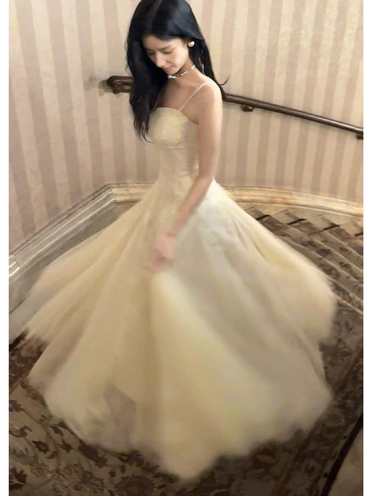 Modeste robe de bal longue pour femme, style français, ligne A, bretelles spaghetti, tulle et dentelle, tenue de soirée N2104