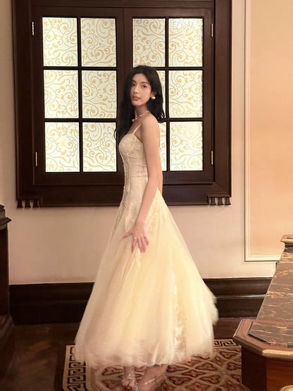 Modeste robe de bal longue pour femme, style français, ligne A, bretelles spaghetti, tulle et dentelle, tenue de soirée N2104