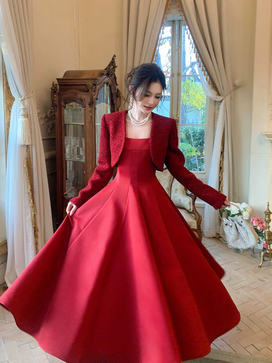 Simple A line Square Neck Satin Burgundy Inspiration Long Wedding Party Prom Guest Dresses N2105