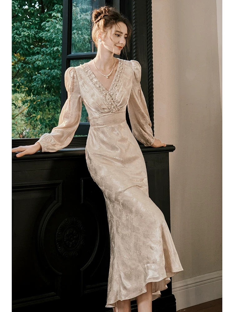 Einfaches Meerjungfrau V-Ausschnitt Satin Bodenlang Inspiration Hochzeitsfeier Ball Gastkleider N2109