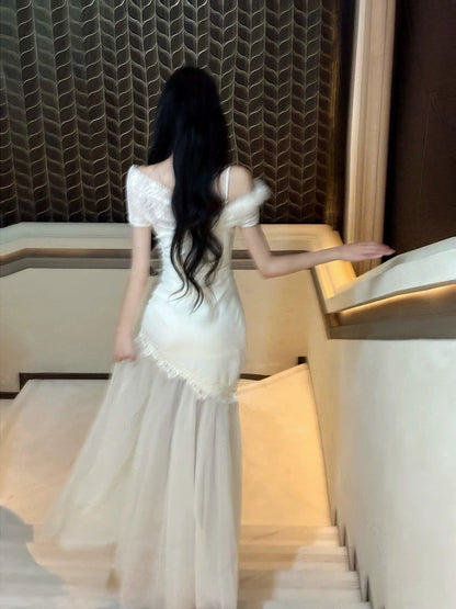 Bescheidener Meerjungfrauen-Abendkleid im französischen Stil, weiße Spitze, modisch, für Damen, lange formelle Outfits, Ballkleider N2110