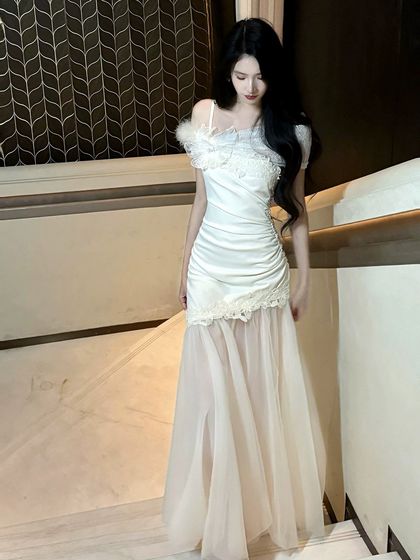 Bescheidener Meerjungfrauen-Abendkleid im französischen Stil, weiße Spitze, modisch, für Damen, lange formelle Outfits, Ballkleider N2110