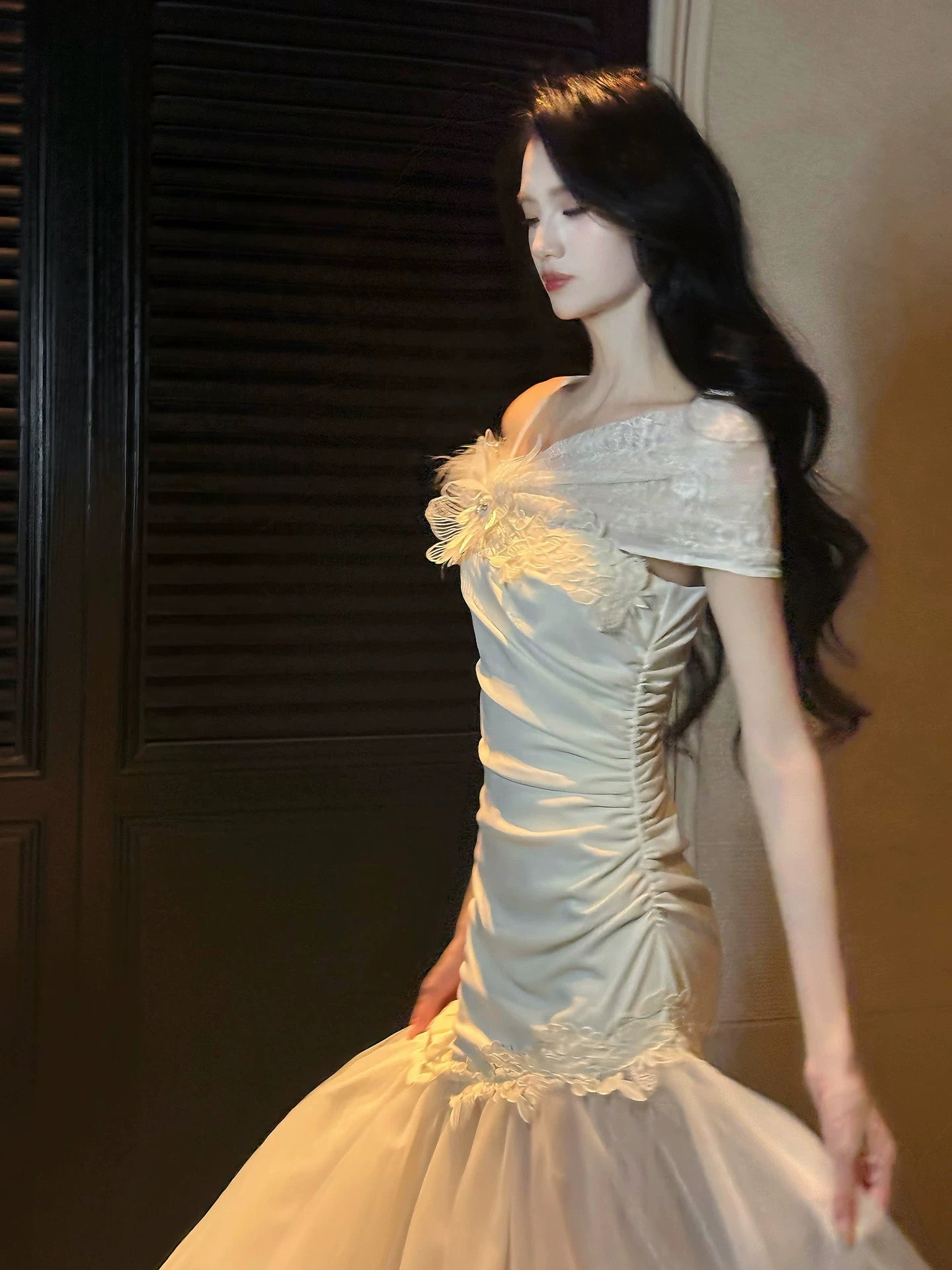 Bescheidener Meerjungfrauen-Abendkleid im französischen Stil, weiße Spitze, modisch, für Damen, lange formelle Outfits, Ballkleider N2110