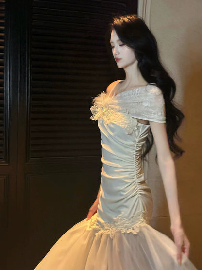 Bescheidener Meerjungfrauen-Abendkleid im französischen Stil, weiße Spitze, modisch, für Damen, lange formelle Outfits, Ballkleider N2110