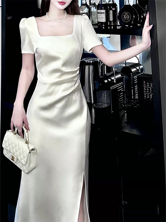 Simple Mermaid Square Neck Satin White Inspiration Slit Wedding Party Guest Dresses N2179