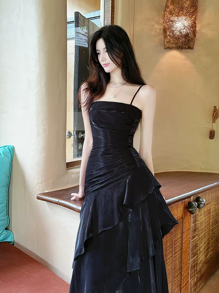 Edle Meerjungfrau Spaghetti-Träger Schwarz Rüschen Satin Für Damen Mädchen Teenager Abschlussballkleider N2182