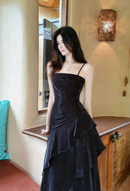 Edle Meerjungfrau Spaghetti-Träger Schwarz Rüschen Satin Für Damen Mädchen Teenager Abschlussballkleider N2182