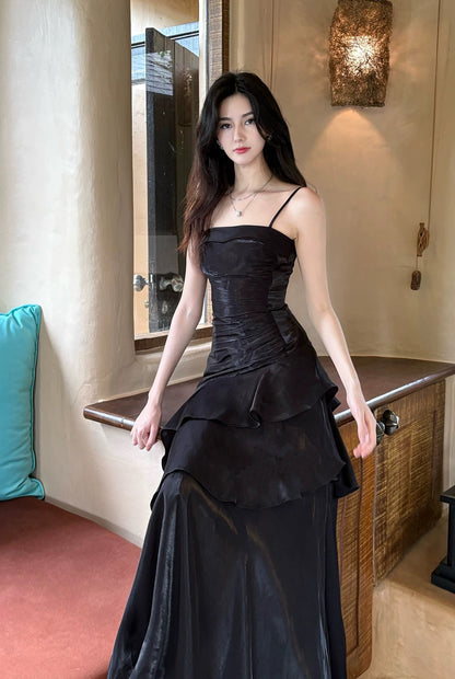 Edle Meerjungfrau Spaghetti-Träger Schwarz Rüschen Satin Für Damen Mädchen Teenager Abschlussballkleider N2182