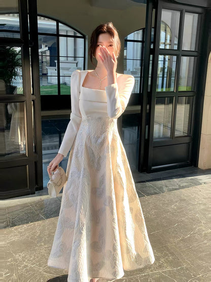 Elegantes A-Linien-Kleid mit eckigem Ausschnitt in Weiß mit langen Ärmeln aus Satin für Damen, Mädchen, Teenager, Abschlussballkleider N2185