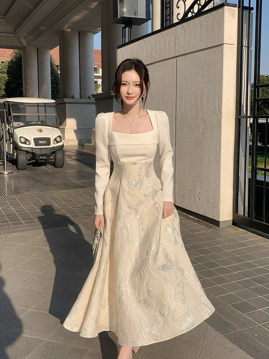 Classy A Line Square Neck White With Long Sleeves Satin For Women Girls Teens Prom Dresses N2185