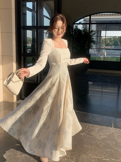 Elegantes A-Linien-Kleid mit eckigem Ausschnitt in Weiß mit langen Ärmeln aus Satin für Damen, Mädchen, Teenager, Abschlussballkleider N2185