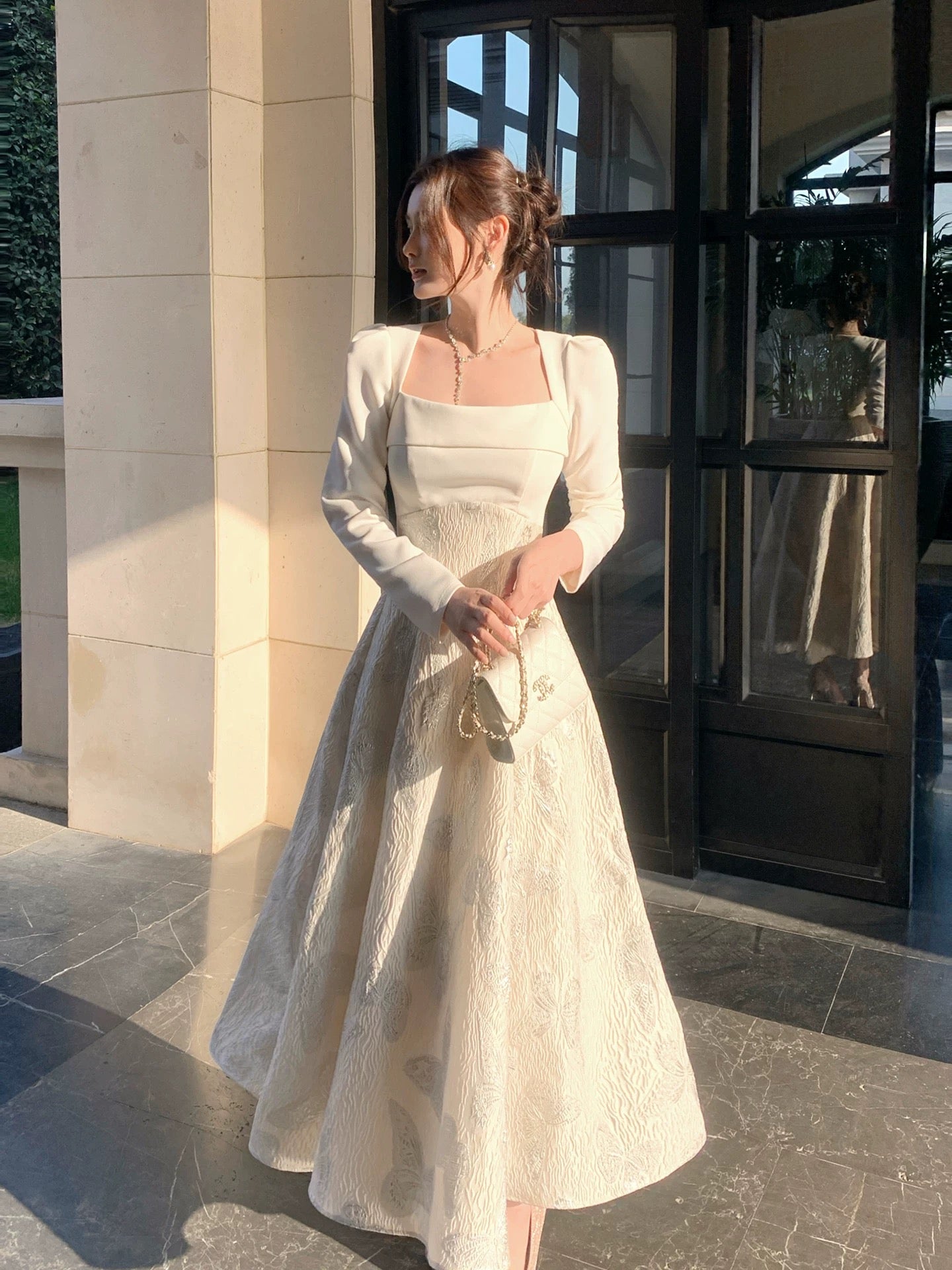 Elegantes A-Linien-Kleid mit eckigem Ausschnitt in Weiß mit langen Ärmeln aus Satin für Damen, Mädchen, Teenager, Abschlussballkleider N2185